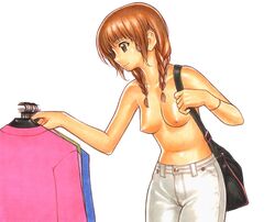 1girls bag bracelet braid breasts casual casual_topless female himehajime jeans kimi_kiss mizusawa_mao purse shirt shopping shoulder_bag shunin solo tied_hair topless twin_braids twintails