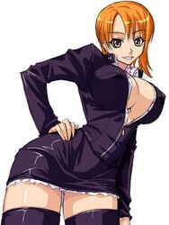 2006 black_clothing breasts business_suit cleavage cosplay female female_only huge_breasts kagami kagami_hirotaka leather_minidress miniskirt nami_(one_piece) nico_robin_(cosplay) one_piece orange_hair pre-timeskip skirt solo teenage_girl teenager thighhighs thighs unzipped utility_pole_spirit water_7 zettai_ryouiki