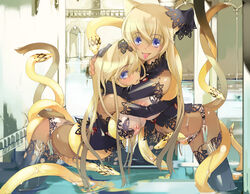 2girls :p animal_ears arched_back bare_shoulders black_legwear blonde_hair blue_eyes breasts bustier cat_ears cat_tail catgirl colored_eyelashes detached_sleeves embrace eyelashes female lace lace-trimmed_thighhighs lace_panties large_breasts lingerie maruku multiple_girls nipples original panties side-tie_panties snake tail tan thighhighs tongue underwear underwear_only wallpaper white_panties yuri