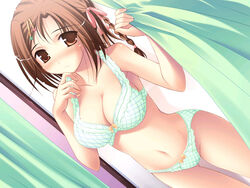 1girls blush bow bow_bra bow_panties bra braid breasts brown_eyes brown_hair checkered checkered_bra checkered_panties curtains dutch_angle female game_cg green_bra green_panties hair_ornament hair_ribbon hairclip happiness happiness! kamisaka_haruhi lingerie long_hair navel panties ribbon solo standing string underwear underwear_only