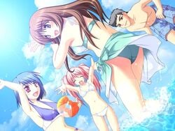 armpits ball beach beach_ball bikini blue_eyes blue_hair brown_hair closed_eyes cloud game_cg pink_eyes pink_hair ren'ai_byou short_hair source_request swimsuit tied_hair twintails