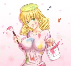 art_brush beret blonde_hair breasts drill_hair green_eyes hat heart musical_note paint paint_bucket paint_stains paintbrush