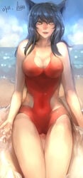 1girls ahri animal_ears beach black_hair breasts cameltoe cleavage covered_navel cute_fang female fox_ears fox_tail highres hip_vent league_of_legends multiple_tails one-piece_swimsuit parted_lips red_one-piece_swimsuit red_swimsuit seuyan smile solo swimsuit tail thigh_gap vastaya whisker_markings yellow_eyes