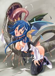 1girls akaten asymmetrical_wings blue_hair blush bottomless breasts cum dizzy_(guilty_gear) female guilty_gear monster nipples no_bra no_panties ribbon sharp_teeth solo tail tail_ribbon tear thighhighs wings