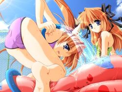 ass bent_over blue_eyes casual_one-piece_swimsuit chainlink_fence female female_only fence game_cg hair_ribbon hose multiple_girls niji_no_kanata_ni one-piece_swimsuit orange_hair ribbon sunbeam sunlight swimsuit tied_hair trefoil twintails wading_pool