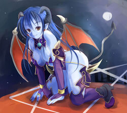 1girls astaroth astaroth_(shinrabanshou) black_sclera blue_hair blue_skin breasts clothing cute demon_girl demon_horns demon_tail demon_wings demoness devil eyes female female_only fully_clothed horns large_breasts long_hair long_tail looking_at_viewer night shinrabanshou smiling_at_viewer solo solo_female stockings succubus tail thighhighs wings yukka_(yucca_u)