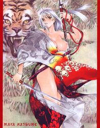 1girls antenna_hair bare_shoulders bracelet breasts brown_eyes dual_wielding female female_only japanese_clothes jewelry katana large_breasts natsume_maya no_bra oh!_great polearm sheath skull solo spear sword tenjou_tenge thighs tiger weapon white_hair