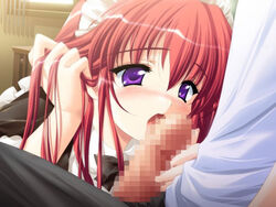 adjusting_hair asahina_rinka censored cute downhill_night_2 emily_(artist) emily_(pure_dream) emily_(sstomomi) game_cg moero_downhill_night_2 oral penis purple_eyes red_hair solo