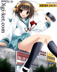 armband black_legwear brown_hair female female_only giantess highres human kneehighs namamo_nanase orange_panties panties pantyshot pantyshot_(sitting) pantyshot_sitting school_uniform seifuku serafuku short_hair sitting solo suzumiya_haruhi suzumiya_haruhi_no_yuuutsu tomoeda underwear