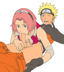 69 blonde_hair blue_eyes censored fellatio female forehead_protector gloves green_eyes headband human lying male naruto on_back oral penis pink_hair sakura_haruno short_hair simple_background straight sucking_penis testicles uzumaki_naruto wince wink yamamiya_hiroshi