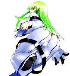 akahoshi_kenji ass barbecue_(artist) boots c.c. code_geass green_hair long_hair solo straitjacket yellow_eyes