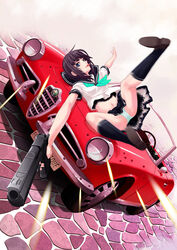 :p alfa_romeo black_hair black_legwear blue_eyes bullet_hole bullet_holes car desert_eagle frills gun hamada_youho handgun kneehighs left-hand_drive legs midriff motor_vehicle original panties pantyshot pistol print_kneehighs school_uniform seifuku semiautomatic serafuku smile spread_legs tongue underwear vehicle weapon white_panties