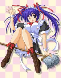 blue_hair broom broom_riding checkered checkered_background highres looking_at_viewer maid mop one_eye_closed panties pantyshot pantyshot_(sitting) pantyshot_sitting ribbon ribbons side_saddle_position sitting solo underwear waving waving_at_viewer white_panties wink