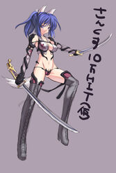 blue_hair boots breasts cameltoe coffee_cat elbow_gloves female gloves horns original sketch swimsuit sword thighhighs weapon