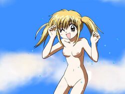 anime_style blonde_hair breasts brown_eyes female female_only human minami_kaede nude sky smile solo standing tagme tied_hair twintails wagamama_fairy_mirumo_de_pon! wink