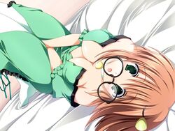 1girls breasts cleavage dress female game_cg glasses kannazuki_nemu kushida_kira no_bra open_clothes open_shirt otaku_masshigura solo