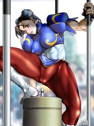 arikawa cameltoe capcom china_dress chinese_clothes chun-li erect_nipples female female_only highres human muscle muscular_female pantyhose solo straight_hair street_fighter