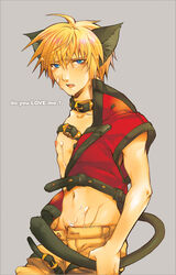 animal_ears belt blonde_hair blue_eyes cat_ears catboy collar cosplay cum cum_on_body cum_on_upper_body guilty_gear ky_kiske male male_only navel nipples open_clothes shounenai simple_background sol_badguy sol_badguy_(cosplay) solo tail tear