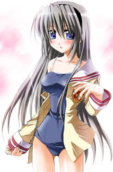 blush clannad clothing headband long_hair no_pants one-piece_swimsuit open_clothes open_shirt otoki_raku sakagami_tomoyo school_swimsuit school_uniform seifuku serafuku shirt solo swimsuit swimsuit_under_clothes undressing