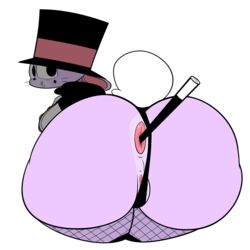 anal anal_sex anus ass beth_(ota) big_breasts big_butt big_thighs breasts clothing female fishnet hat lagomorph looking_at_viewer looking_back magician magician_bunny mammal object_insertion ota_(artist) penetration pussy rabbit rear_view shortstack simple_background tail_tuft thong thong_aside top_hat wand white_background