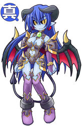 astaroth astaroth_(shinrabanshou) black_sclera blue_hair blue_skin boots clothing demon_girl demon_horns demon_tail demon_wings elbow_gloves female_only full_body fully_clothed gloves horns shinrabanshou solo solo_female stockings thighhighs translation_request wings