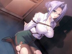 1girls arms_behind_back blush bondage breasts cellaria_markelight cleavage crotch_rope female game_cg glasses high_heels kneeling large_breasts lavender_hair miniskirt navel pantyhose purple_eyes purple_hair rope shadow shoes skirt solo soul_link suzuhira_hiro teacher torn_clothes torn_pantyhose