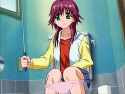 akahori_gedou_hour_rabuge cap clothing green_eyes panties panty_pull pink_panties purple_hair screencap skirt toilet yoshizumi_aimi