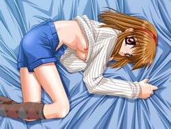 1girls bed breasts brown_hair clothes female game_cg hinoue_itaru kanon looking_at_viewer nipples red_eyes shirt_lift socks solo tsukimiya_ayu