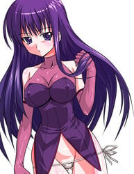 bottomless elbow_gloves erect_nipples gloves long_hair lowleg lowleg_panties malariya original panties purple_eyes purple_hair quiz_magic_academy side-tie_panties solo thigh_gap underwear white_panties