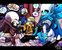 2020 2020s 2d ? alternate_universe animated_skeleton artist_name blue_eyes blush confused confused_look confusion dream_sans dream_sans_(fan_character) dreamtale ectoplasm error_sans error_sans_(fan_character) errortale heki_(artist) humanoid ink_sans ink_sans_(fan_character) inktale male male/male male_only mars_symbol pulling_up_shirt sans sans_au sex_toy skeleton spoken_question_mark star_eyes underswap underswap_sans undertale undertale_(series) undertale_au undertale_fanfiction yaoi