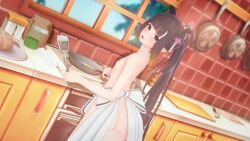 3d apron apron_only birthday frying_pan hololive hololive_english hololive_myth kitchen kitchen_utensils looking_at_viewer looking_back naked_apron ninomae_ina'nis ponytail purple_eyes purple_hair spatula virtual_youtuber wataamage