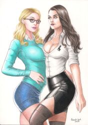 2girls arrowverse blonde_hair clothed dark_hair dc dc_comics eduardocopati glasses kara_danvers lena_luthor supergirl_(series) superman_(series) traditional_media_(artwork) yuri