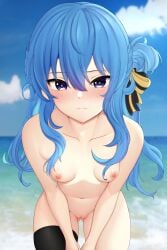 absurdres ass_visible_through_thighs bangs beach blue_eyes blue_hair blush breasts closed_mouth cloud collarbone completely_nude day female foreshortening hair_between_eyes hair_ribbon highres hololive hololive_gen_0 hololive_japan honon hoshimachi_suisei leaning_forward long_hair looking_at_viewer medium_breasts navel nipples nude outdoors purple_eyes pussy ribbon side_ponytail single_thighhigh solo star_(symbol) star_in_eye symbol_in_eye thighhighs uncensored v_arms virtual_youtuber water