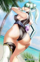 1girls ass_focus back_view beach big_ass big_butt finana_ryugu finana_ryugu_(2nd_costume) fish_girl green_hair hair_ornament hand_on_ass nijisanji nijisanji_en purple_eyes sideboob solo_female sweat swimsuit thick_thighs thighhighs thighs tongue_out virtual_youtuber