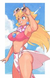 1girls armpits big_ass big_breasts bikini blonde_hair blue_eyes breasts brooch cleavage earrings eyewear_on_head female female_only flower_in_hair flower_necklace inkuusan light-skinned_female light_skin lips lipstick long_hair mario_(series) one_eye_closed pink_bikini pink_lipstick princess_peach princess_peach_(swimwear) sarong sexy_armpits solo sunglasses sunglasses_on_head super_mario_odyssey swimsuit tagme wink