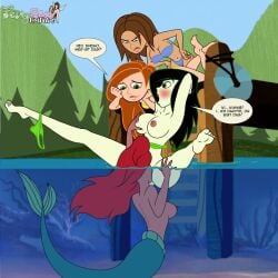 accurate_art_style ariel barefoot bonnie_rockwaller breasts crossover cunnilingus disney edit fairysexhentalia feet female female_only gagala german_text human kim_possible kimberly_ann_possible large_breasts mermaid multiple_girls nipples shego soles text the_little_mermaid toes translated underwater water yuri