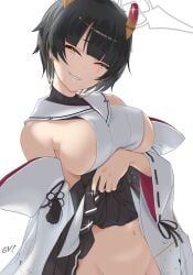 :d allied_hyakkiyako_academy_student bare_shoulders black_hair black_nails black_ribbon black_skirt blue_archive blush breasts broken_horn clothes_lift commentary_request dai00888 detached_sleeves earrings female fingernails glint groin half-closed_eyes halo high-waist_skirt highres hoop_earrings horns jewelry large_breasts lifted_by_self long_fingernails long_sleeves looking_at_viewer mole mole_under_eye nail_polish naughty_face navel niya_(blue_archive) open_mouth out-of-frame_censoring parted_lips revealing_clothes ribbon ribbon-trimmed_sleeves ribbon_trim short_hair sideboob simple_background skirt skirt_lift smile solo upper_body very_short_hair white_background wide_sleeves yellow_eyes yin-yang_club_(blue_archive)