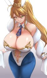 1girls 2022 ahoge artoria_pendragon artoria_pendragon_(lancer) artoria_pendragon_(swimsuit_ruler) belly_button blonde_hair breasts bunny_ears bunny_girl bunnysuit cleavage detached_collar fate/grand_order fate_(series) female female_only fur_boa green_eyes highleg_leotard hips huge_breasts kemigawa_mondo leotard long_hair long_ponytail navel_cutout necktie ponytail royalty simple_background slim_waist thick_thighs thighs tights wide_hips