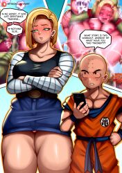 1boy 1girls android android_18 blonde_female cheating cheating_wife comic cuck cuckold dragon_ball dragon_ball_super infidelity krillin kuririn muscular_thighs netorare ntr taller_female text thick_thighs wkart