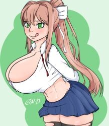 1girls alternate_breast_size big_breasts breasts clothing doki_doki_literature_club female green_eyes huge_breasts light-skinned_female light_skin long_hair monika_(doki_doki_literature_club) negative_din solo solo_female thighhighs tight_clothing torn_clothes