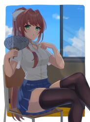 1girls bare_arms blue_skirt bow breasts brown_hair button_down_shirt clothed clothing detailed_background doki_doki_literature_club emerald_eyes fan fanning fanning_face fanning_self female female_focus female_only fully_clothed green_eyes hair_ribbon kato_fuyu knees_together_feet_apart legs_crossed legs_together long_hair looking_at_viewer medium_breasts monika_(doki_doki_literature_club) open_mouth opening_shirt posing pulling_clothing sfw sitting sitting_on_chair skirt summer sweat sweatdrop sweating sweaty sweaty_butt thick_thighs thighhighs thighs tucked_shirt white_shirt