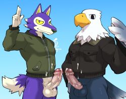 2boys 41raco accipitrid accipitriform animal_crossing anthro apollo_(animal_crossing) avian bald_eagle bird bodily_fluids bottomless canid canine canis clothed clothing cum cum_on_clothing cum_on_penis duo eagle erection foreskin furry genital_fluids genitals greeting hi_res humanoid_genitalia humanoid_penis kirupi lobo_(animal_crossing) male male_only mammal nintendo penis sea_eagle shirako video_games wolf