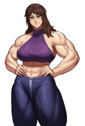 1girls abs absurd_res brown_eyes brown_hair clothing commission female female_only glasses hands_on_hips long_hair looking_at_viewer muscles muscular muscular_female muscular_thighs smiling smiling_at_viewer solo solo_female sotcho white_background