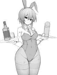 bartender belly_button black_and_white blank_eyes breasts bunny_costume bunny_ears bunny_girl bunnysuit cleavage condom_wrapper contempt cuffs empty_eyes female female_focus female_only fleshlight head_tilt hips holding_object holding_tray kanine41 karinn karinn(oc) looking_at_viewer meat_lines medium_breasts narrow_shoulders navel navel_line onahole pear_shaped penetrable_sex_toy revealing_clothes short_hair standing tattoo tattoo_on_arm tattoo_on_breast tattoo_on_legs tattooed_arm tattoos thick_thighs thigh_strap thighs tie tie_between_breasts tights tray waitress waitress_uniform white_background wide_hips