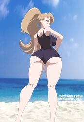 amy_(ninjala) ass beach big_ass big_breasts big_butt blonde_hair blue_swimsuit bubble_butt eyewear female female_focus female_only glasses hourglass_figure kandiibox looking_at_viewer looking_back looking_down ninjala ocean pink_eyes ponytail presenting_ass sand standing swimsuit swimwear viewed_from_below water