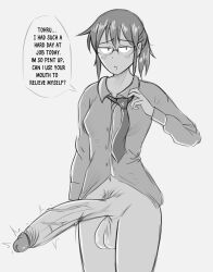 1futa 2021 balls big_penis bottomless breasts clothed clothing dialogue dokima english_text erection futa_only futanari huge_cock human kobayashi miss_kobayashi's_dragon_maid monochrome partially_clothed penis pent_up pubic_hair sketch solo standing text