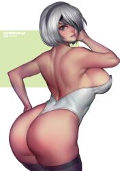 ass big_ass big_breasts bokuman breasts female leotard looking_back nier nier:_automata nier_(series) short_hair thick_thighs thighhighs yorha_2b