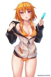 bikini exposed_shoulders indie_virtual_youtuber jacket kaheru medium_breasts orange_hair popsicle red_eyes sweat sweating sweaty sweaty_thighs swimsuit virtual_youtuber