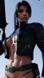 3d athletic_female b0sch black_hair boots gun human jacket latex leather leather_jacket overwatch pharah rifle stockings sweat terrace