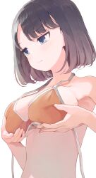 bikini bikini_top_only black_hair blue_eyes blush breast_hold breasts closed_mouth female highres hiroki_(yyqw7151) large_breasts looking_to_the_side orange_bikini original short_hair solo swimsuit upper_body